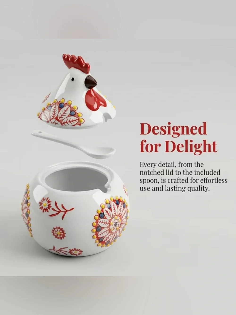 🆕 Hand-Painted Ceramic Rooster Sugar Pot with Spoon - Green Blue & Red